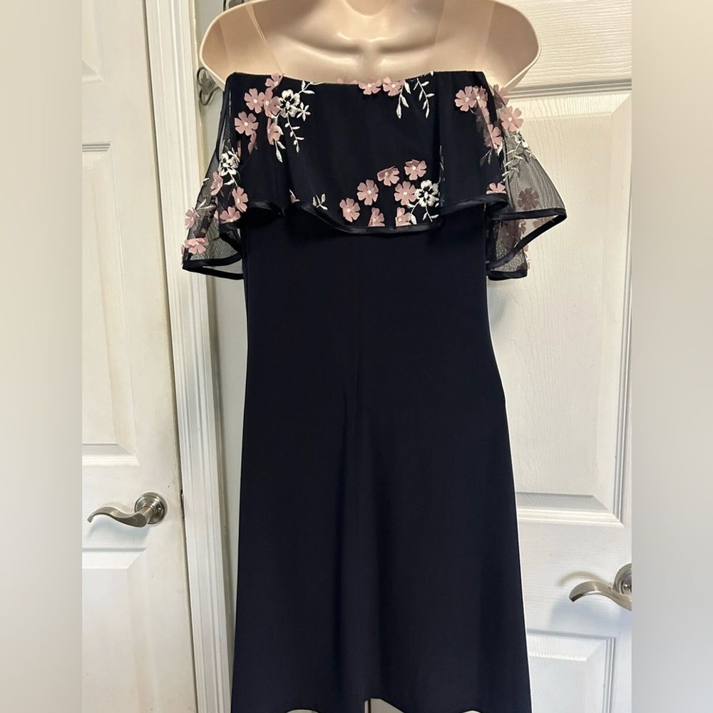 Prelude Navy Dress Floral Illusion Cold Shoulder 3-D Flowers Sz Small Formal View 4